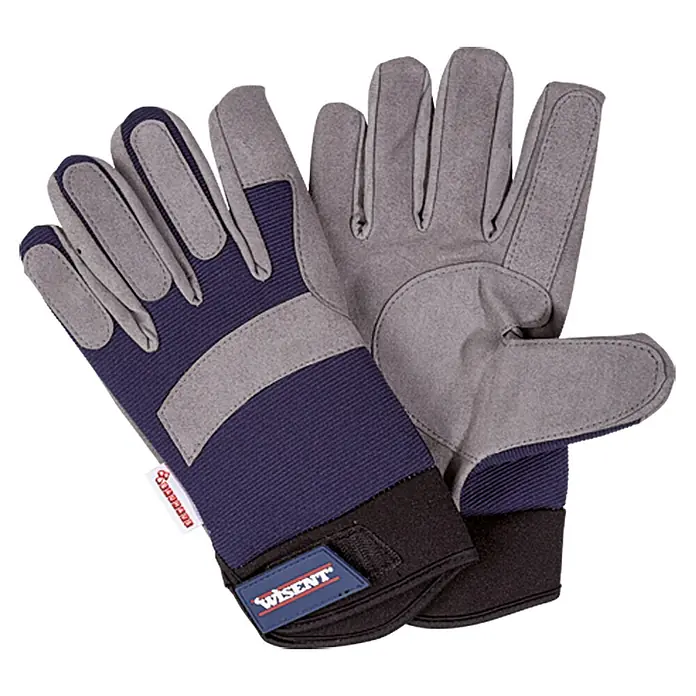 Wisent Arbeitshandschuhe Allrounder - Handschuhgröße: 10, Grau/Schwarz - Das Bild zeigt ein Paar Arbeitshandschuhe von Wisent in Grau, Blau und Schwarz. Sie sind robust und bieten Schutz bei verschiedenen Arbeiten.