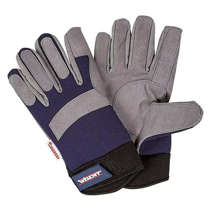 Wisent Arbeitshandschuhe Allrounder - Handschuhgröße: 10, Grau/Schwarz - Das Bild zeigt ein Paar Arbeitshandschuhe von Wisent in Grau, Blau und Schwarz. Sie sind robust und bieten Schutz bei verschiedenen Arbeiten.