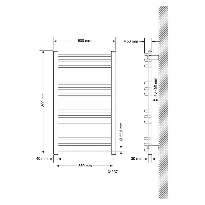 LuxeBath Badheizkörper Design Handtuchheizkörper Handtuchwärmer Seitenanschluss gebogen 330 W - B x H: 60 x 80 cm, Weiß - Technisches Datenblatt eines Handtuchheizkörpers mit Maßen von vorne und der Seite.