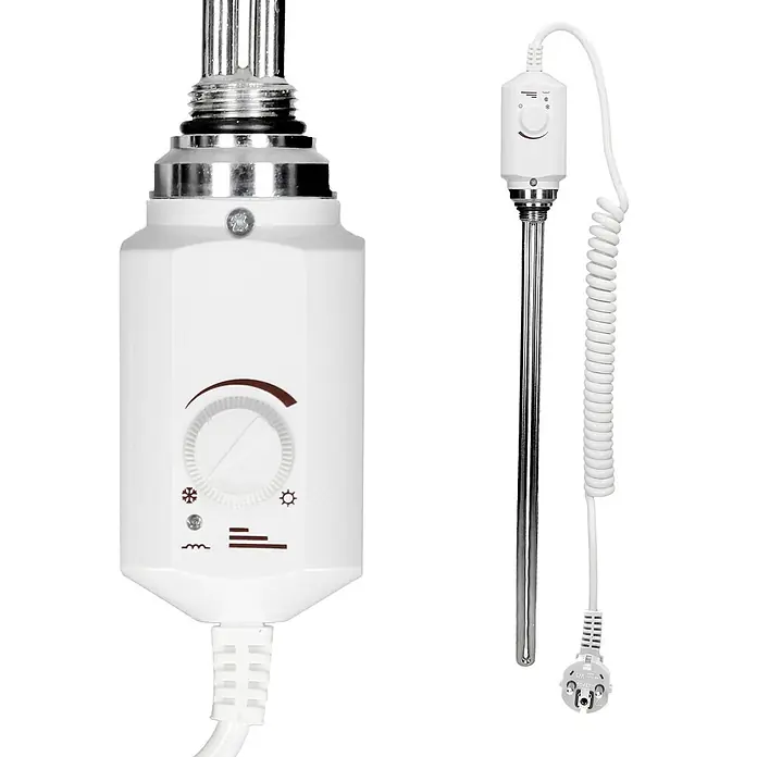 LuxeBath Elektro-Badheizkörper Handtuchwärmer Elektrisch Seitenanschluss mit Heizstab 900W gebogen - B x H: 50 x 150 cm - Weißer elektrischer Heizstab mit Chromstange, Temperaturregler und Spiralkabel.