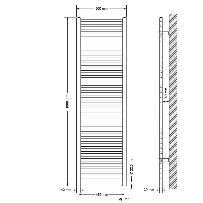 LuxeBath Elektro-Badheizkörper Handtuchwärmer mit Heizstab 500x1800mm Weiß gerade 900W -  - Bemaßte technische Zeichnung eines vertikalen Handtuchheizkörpers, 1800 mm hoch, 500 mm breit, mit horizontalen Stäben.
