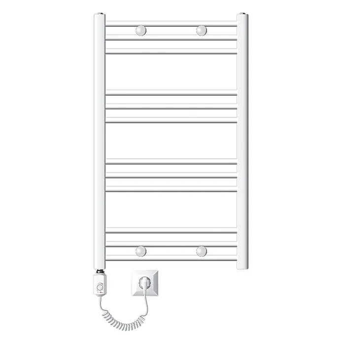 LuxeBath Elektro-Badheizkörper Handtuchwärmer Elektrisch Seitenanschluss mit Heizstab 300W gerade - B x H: 60 x 80 cm - Weißer elektrischer Handtuchheizkörper mit Thermostat, an einer Steckdose angeschlossen.