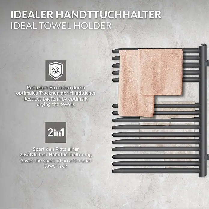 LuxeBath Elektro-Badheizkörper Designheizkörper Handtuchheizkörper Handtuchtrockner - B x H: 50 x 80 cm - Dunkelgrauer Handtuchwärmer mit zwei hellen Handtüchern an einer marmorierten Wand, betont optimale Trocknung und Platzersparnis.