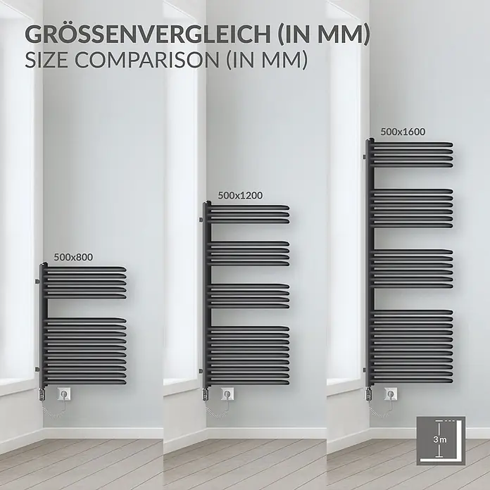 LuxeBath Elektro-Badheizkörper Handtuchwärmer Elektrisch Seitenanschluss mit Heizstab 300W Anthrazit - B x H: 50 x 80 mm - Drei schwarze elektrische Handtuchheizkörper in verschiedenen Größen (500x800, 500x1200, 500x1600 mm) an einer Wand, zum Größenvergleich.