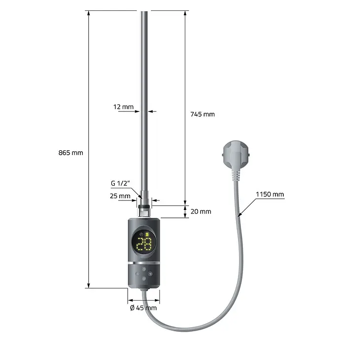 LuxeBath Elektro-Badheizkörper Designheizkörper Handtuchheizung 600x1500mm Anthrazit gerade 900W -  - Silbernes Heizelement mit integriertem grauen Digitalthermostat und Netzkabel, Maße gezeigt.