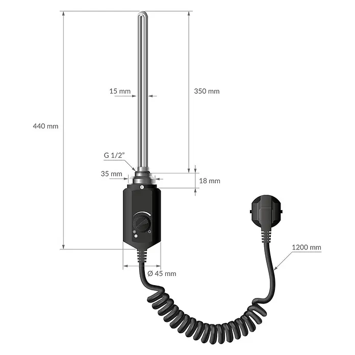 LuxeBath Elektro-Badheizkörper Handtuchwärmermit Heizstab 300x1400mm Schwarz gerade 900W -  - Silberner Tauchsieder mit schwarzem Thermostat und Spiralkabel.