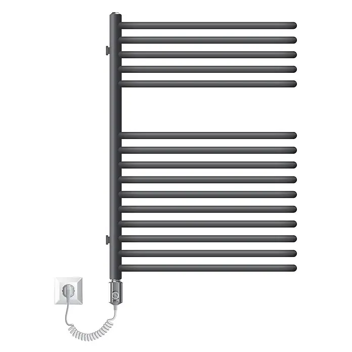 LuxeBath Elektro-Badheizkörper Handtuchwärmer Elektrisch Seitenanschluss mit Heizstab 300W Anthrazit - B x H: 50 x 80 mm - Dunkelgrauer elektrischer Handtuchwärmer mit horizontalen Stangen, über Spiralkabel und Steuerung an eine Steckdose angeschlossen.