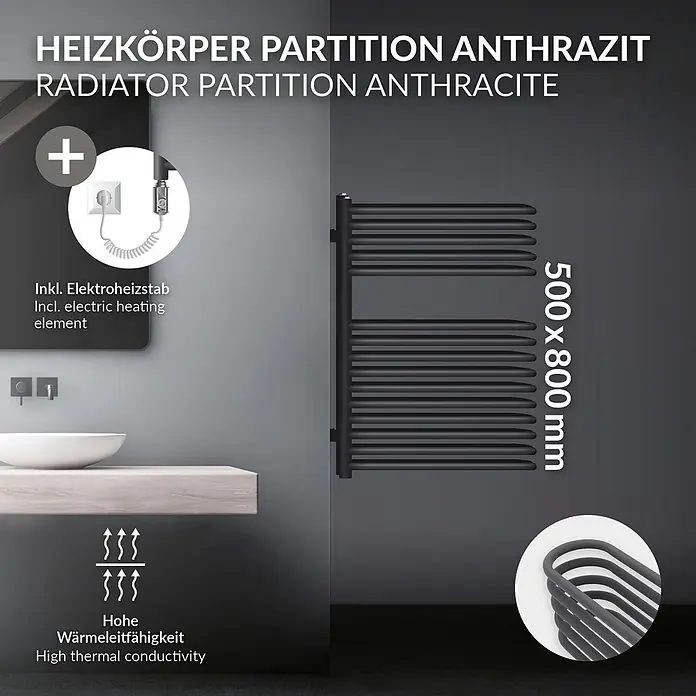 LuxeBath Elektro-Badheizkörper Handtuchwärmer Elektrisch Seitenanschluss mit Heizstab 300W Anthrazit - B x H: 50 x 80 mm - Anthrazit Heizkörper als Handtuchtrockner, 500x800mm, mit Elektroheizstab und hoher Wärmeleitfähigkeit.