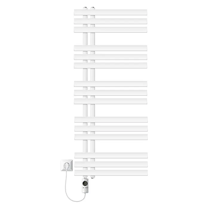 LuxeBath Elektro-Badheizkörper Handtuchheizkörper Elektrisch mit Heizstab 500x1200 mm Weiß 1200W -  - Weißer elektrischer Handtuchheizkörper mit horizontalen Stangen, an Steckdose angeschlossen, digitaler Thermostat zeigt '28'.