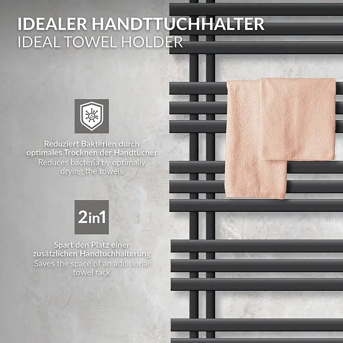 LuxeBath Badheizkörper Design Handtuchheizkörper Handtuchwärmer mit Eckform Thermostatventil - B x H: 50 x 160 cm, Anthrazit - Schwarzer Handtuchheizkörper mit hellrosa Handtüchern zum Trocknen an einer Marmorwand.