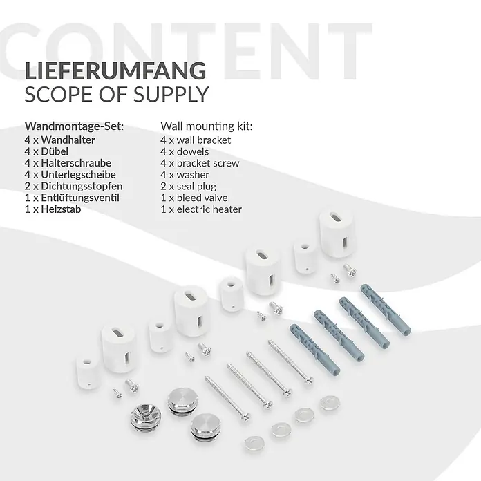 LuxeBath Elektro-Badheizkörper Design Handtuchheizkörper Handtuchwärmer Elektrisch mit Heizstab 300W -  - Bestandteile eines Montagesets: weiße Halterungen, graue Dübel, silberne Schrauben, Unterlegscheiben, Dichtungsstopfen und ein Entlüftungsventil.