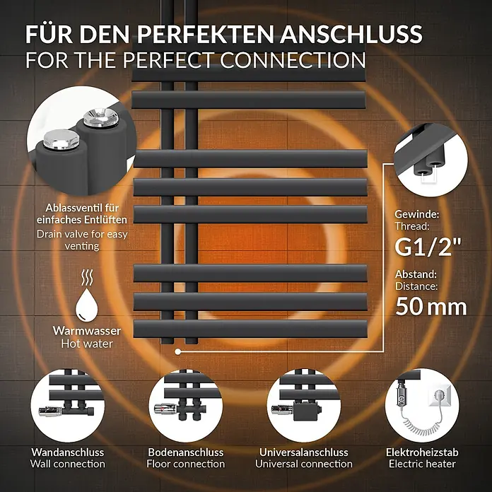 LuxeBath Elektro-Badheizkörper Handtuchheizkörper Elektrisch mit Heizstab 500x1200 mm Anthrazit 900W -  - Schwarzer Handtuchheizkörper. Zeigt Ablassventil, Warmwasserfunktion, G1/2" Gewinde, 50mm Abstand und diverse Anschlussmöglichkeiten.