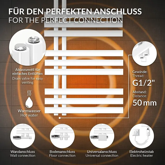 LuxeBath Elektro-Badheizkörper Handtuchheizkörper Elektrisch mit Heizstab 500x1200 mm Weiß 1200W -  - Weißer Heizkörper: Ablassventil, Warmwasser, G1/2" Gewinde, 50mm Abstand, und Anschlussoptionen: Wand, Boden, Universal, Elektroheizstab.