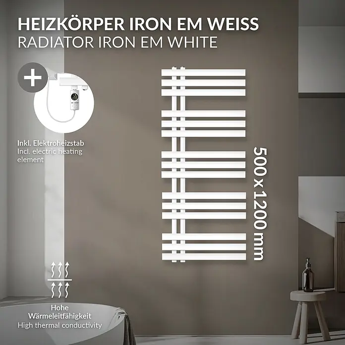LuxeBath Elektro-Badheizkörper Handtuchheizkörper Elektrisch mit Heizstab 500x1200 mm Weiß 1200W -  - Weißer elektrischer Heizkörper, 500x1200mm, mit hoher Wärmeleitfähigkeit, in einem modernen Bad.