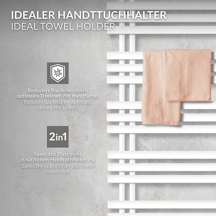 LuxeBath Elektro-Badheizkörper Design Handtuchheizkörper Handtuchwärmer Elektrisch mit Heizstab 900W -  - Weißer 2in1 Handtuchheizkörper mit zwei hellpfirsichfarbenen Handtüchern.