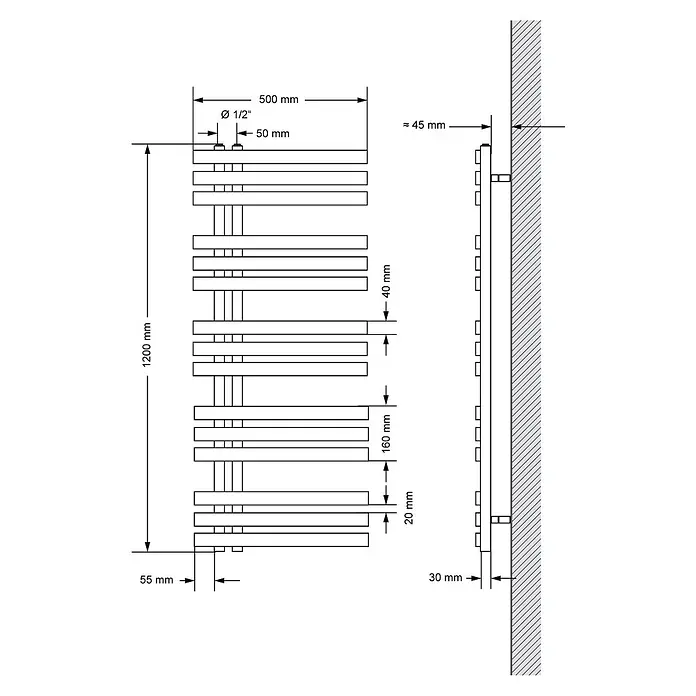 LuxeBath Elektro-Badheizkörper Handtuchheizkörper Elektrisch mit Heizstab 500x1200 mm Anthrazit 900W -  - Technische Zeichnung eines weißen, vertikalen Handtuchwärmers/Heizkörpers mit Querstreben, Maße und Wandmontagedetails.