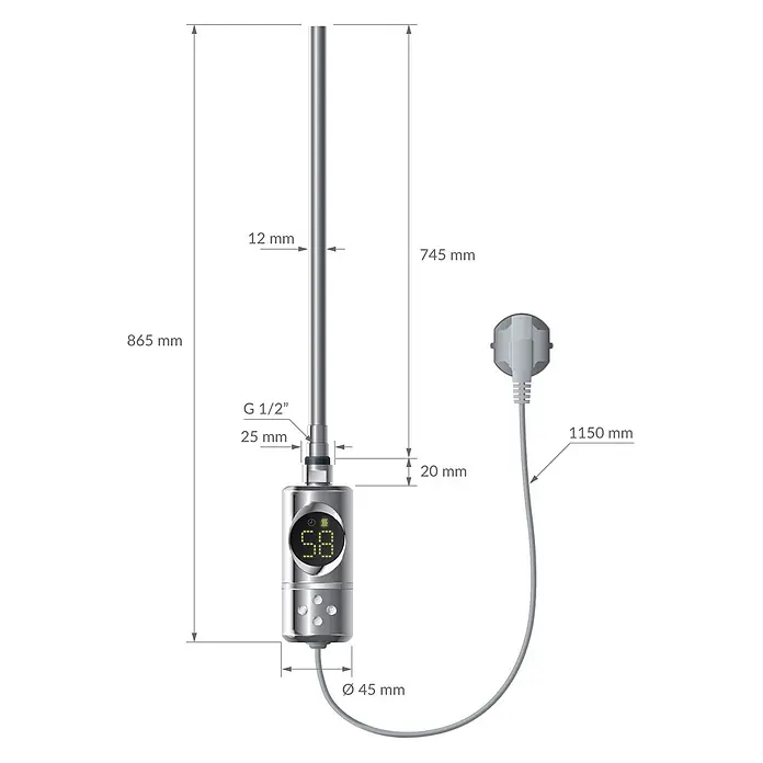 LuxeBath Elektro-Badheizkörper Handtuchwärmer Elektrisch Seitenanschluss mit Heizstab 900W gerade - B x H: 60 x 150 cm - Silberner Tauchsieder mit Digitalanzeige, G 1/2" Gewinde. Gesamtlänge 865mm, Ø 45mm. 1150mm Netzkabel mit Stecker.