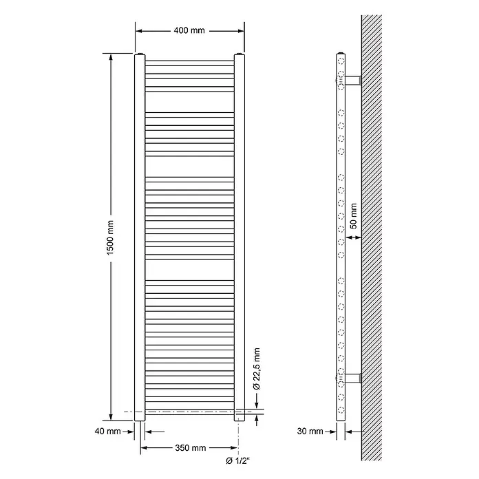 LuxeBath Badheizkörper Design Handtuchheizkörper Handtuchwärmer Seitenanschluss gerade 480 W - B x H: 40 x 150 cm, Weiß - Technisches Diagramm eines 1500x400 mm Handtuchheizkörpers, zeigt Maße und Installationsdetails mit 350 mm Anschlussabstand und 30 mm Wandabstand.