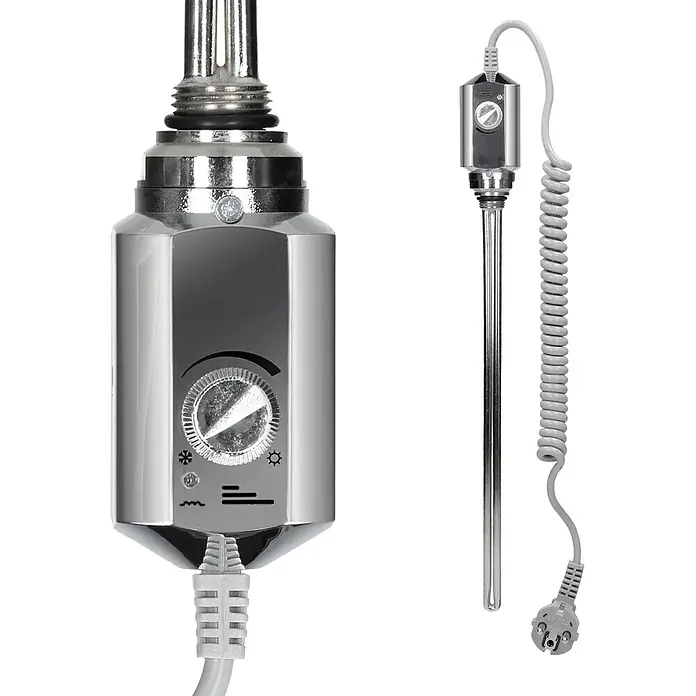 LuxeBath Elektro-Badheizkörper Handtuchwärmer Elektrisch Seitenanschluss mit Heizstab 1200W gebogen - B x H: 60 x 150 cm - Silbernes Heizelement mit integriertem Thermostat und Einstellrad, sowie separate Heizpatrone mit Spiralkabel und Eurostecker.