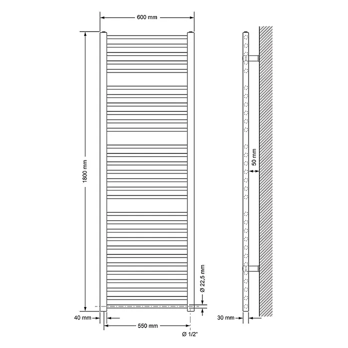 ECD Germany Elektro-Badheizkörper Weiß 600x1800mm gerade Seitenanschluss Heizstab 1200W Thermostat -  - Technische Zeichnung eines 1800x600mm Badheizkörpers mit 1/2"-Anschlüssen und 50mm Wandabstand.