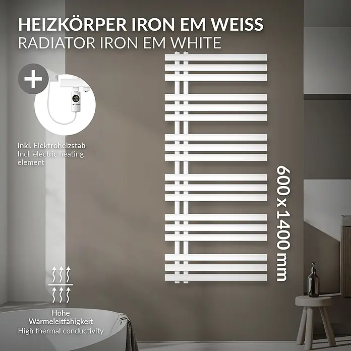 LuxeBath Elektro-Badheizkörper Handtuchheizkörper Elektrisch mit Heizstab 600x1400 mm Weiß 1200W -  - Weißer Eisen-Heizkörper (600x1400mm) mit Flachstangen, Elektroheizstab und hoher Wärmeleitfähigkeit, an der Wand montiert.