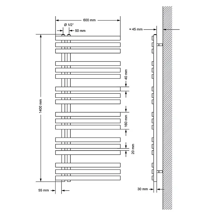LuxeBath Elektro-Badheizkörper Handtuchheizkörper Elektrisch mit Heizstab 600x1400 mm Weiß 1200W -  - Technische Zeichnung eines Handtuchheizkörpers, 600x1400mm, mit Maßen für Installation und Anschlüsse.