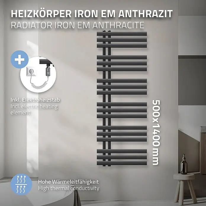 Badheizkörper elektrisch 500x1400mm Anthrazit + Heizstab 1200W einfach -  - Anthrazit-Flachheizkörper (500x1400mm) mit Elektroheizstab im modernen Badezimmer. Hohe Wärmeleitfähigkeit.