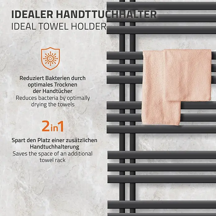 LuxeBath Elektro-Badheizkörper Handtuchheizkörper Elektrisch mit Heizstab 500x1600 Anthrazit 1200 W -  - Schwarzer Handtuchheizkörper mit zwei hängenden, hellrosa Handtüchern.