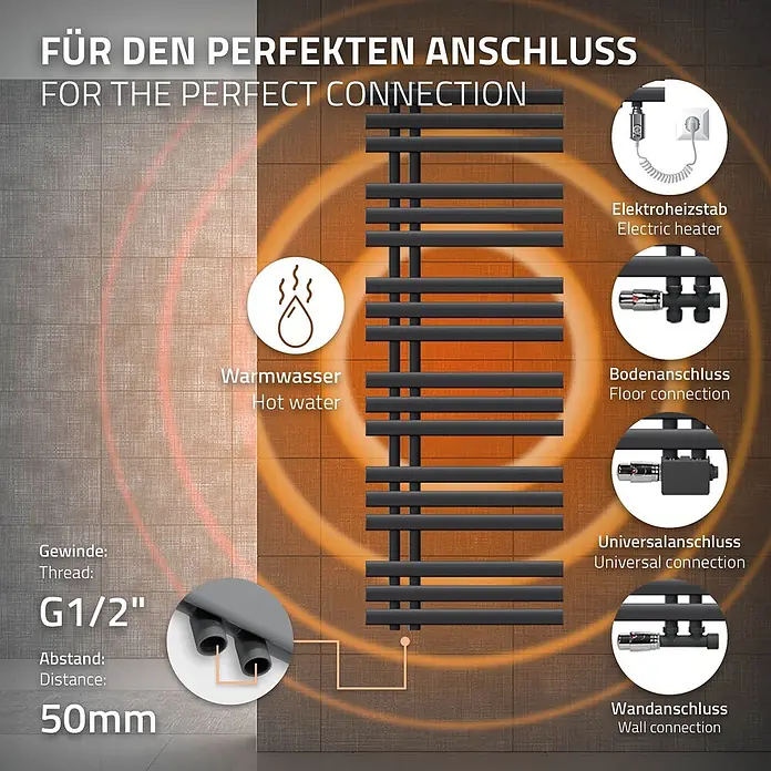 Badheizkörper elektrisch 500x1400mm Anthrazit + Heizstab 1200W einfach -  - Schwarzer Handtuchheizkörper mit vielseitigen Anschlussoptionen und technischen Details.