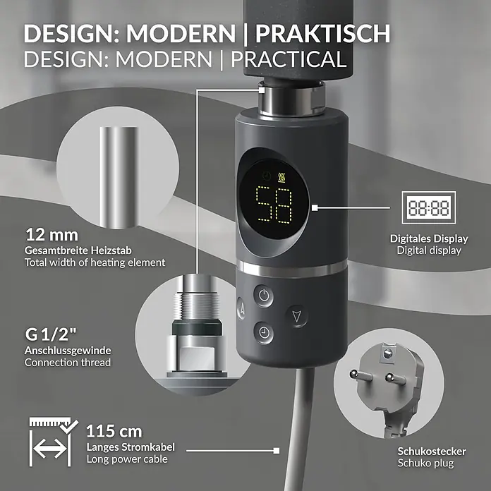 LuxeBath Elektro-Badheizkörper Handtuchwärmer Elektrisch 400x800 mm Anthrazit gebogen mit Heizstab 300W -  - Dunkelgrauer elektrischer Heizstab mit Digitalanzeige, 12mm Stabdurchmesser, G 1/2" Gewinde und Schukostecker.