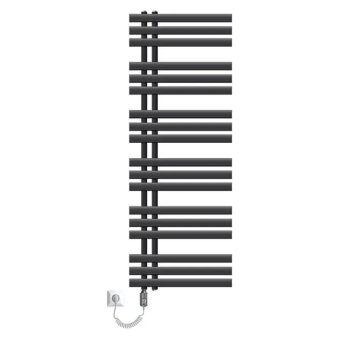 Badheizkörper elektrisch 500x1400mm Anthrazit + Heizstab 1200W einfach -  - Dunkelgrauer elektrischer Handtuchheizkörper mit flachen Horizontalstäben, angeschlossen an Stecker mit Spiralkabel und Thermostat.