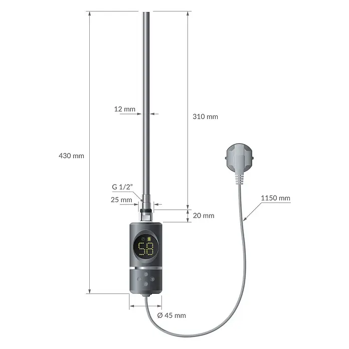 LuxeBath Elektro-Badheizkörper Handtuchwärmer Elektrisch 400x800 mm Anthrazit gebogen mit Heizstab 300W -  - Grauer elektrischer Heizstab mit Digitalanzeige und integrierter Steuerung, verbunden mit Stromkabel und Stecker.