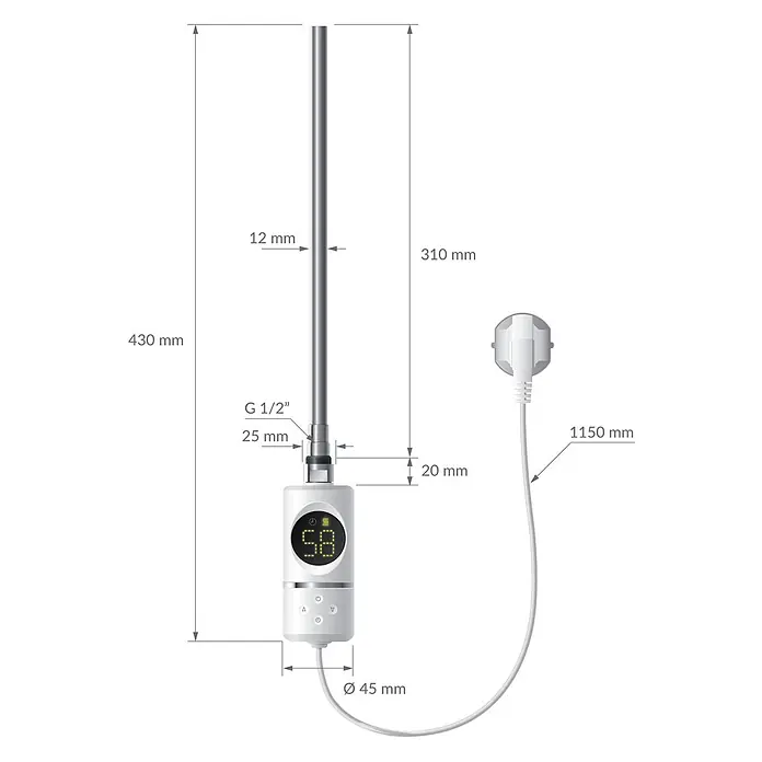 LuxeBath Elektro-Badheizkörper Handtuchwärmer Elektrisch 600x800 mm Weiß gebogen mit Heizstab 300W -  - Weißes Heizstab mit silbernem Tauchrohr, Digitalanzeige und Maßangaben.