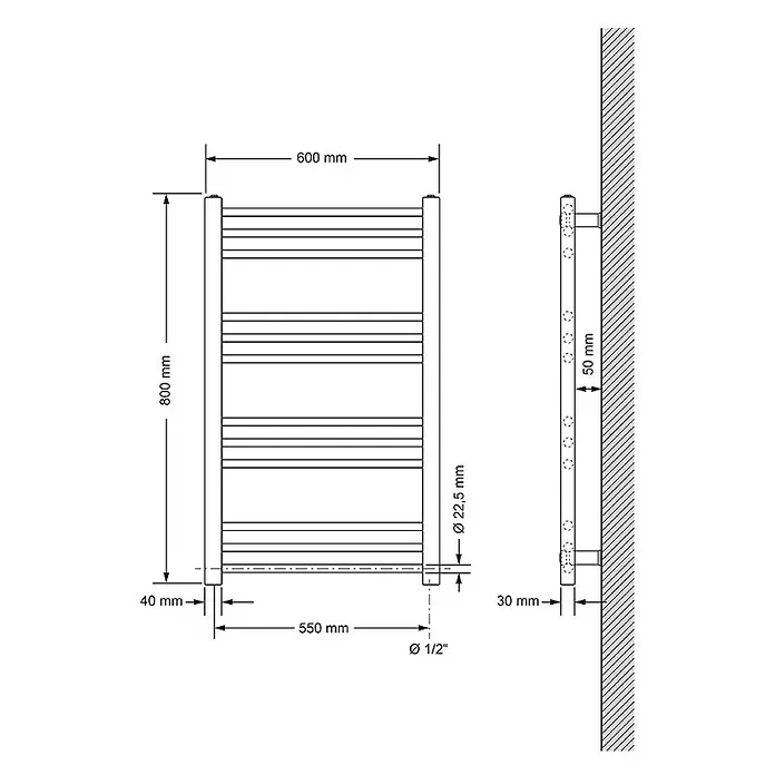 LuxeBath Elektro-Badheizkörper Handtuchwärmer Elektrisch Seitenanschluss mit Heizstab 600W gerade - B x H: 60 x 80 cm - Wandmontierter Handtuchheizkörper, 800 mm hoch und 600 mm breit, mit horizontalen Stangen und Anschlussmaßen.
