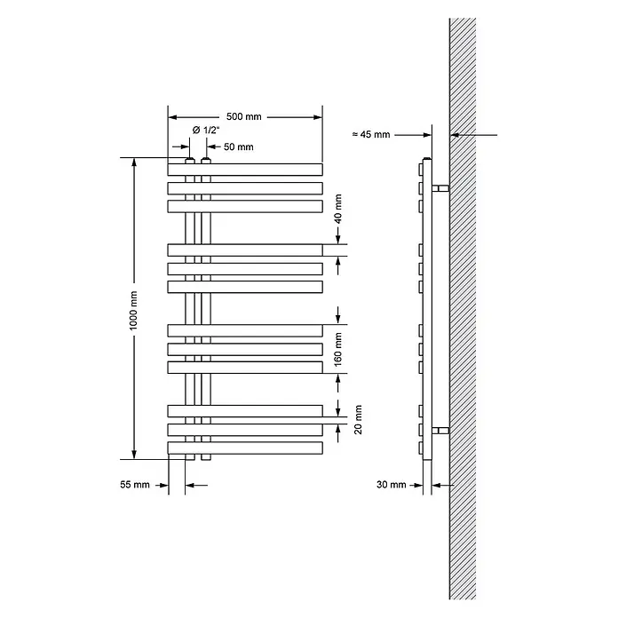 LuxeBath Elektro-Badheizkörper Handtuchheizkörper Elektrisch mit Heizstab 500x1000 mm Anthrazit 600W -  - Weißer wandmontierter Handtuchheizkörper mit horizontalen Heizstäben. Zeigt detaillierte Maße wie 1000x500 mm und Wandabstand.