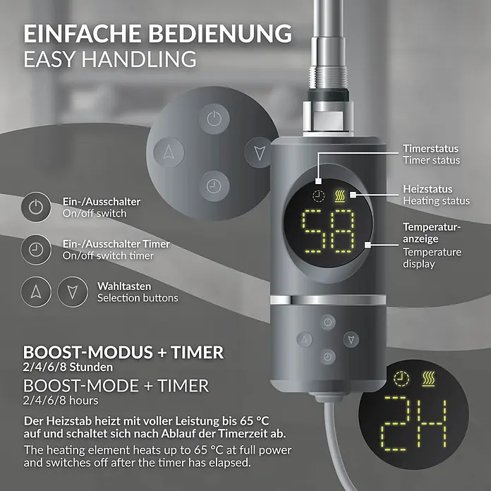 LuxeBath Elektro-Badheizkörper Handtuchwärmer Elektrisch 400x800 mm Anthrazit gebogen mit Heizstab 300W -  - Grauer elektrischer Heizstab mit digitalem Display und Bedientasten zur Anzeige von Temperatur, Timer und Heizstatus.