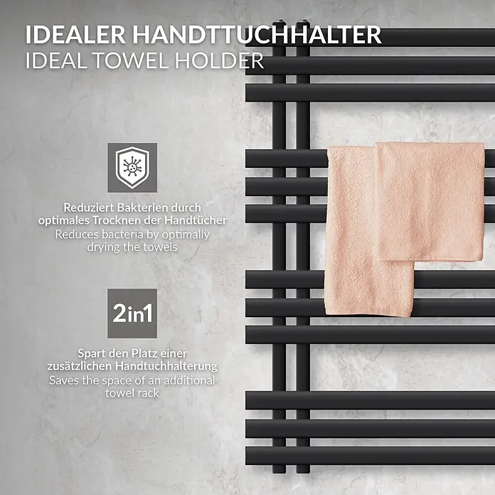 LuxeBath Elektro-Badheizkörper Design Handtuchheizkörper Handtuchwärmer Elektrisch mit Heizstab 300W -  - Schwarzer Handtuchwärmer mit zwei pfirsichfarbenen Handtüchern, ideal zum Trocknen und Halten von Handtüchern.