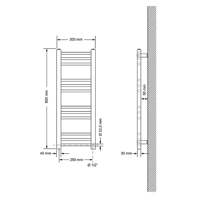 LuxeBath Elektro-Badheizkörper Handtuchwärmer Elektrisch Seitenanschluss mit Heizstab 300W gerade - B x H: 30 x 80 cm - Technische Zeichnung: Wandheizkörper für Handtücher, 800x300mm, 30mm Abstand zur Wand.