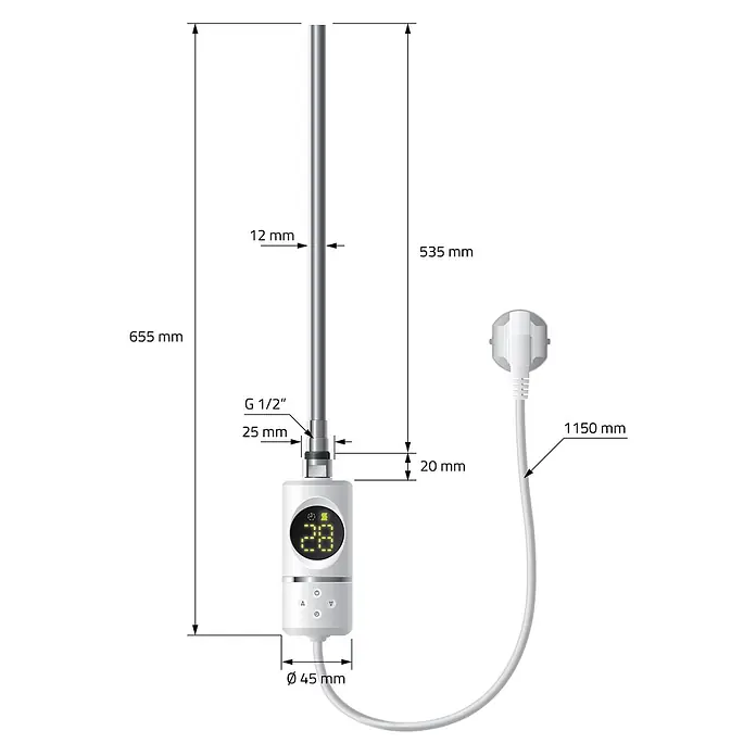 LuxeBath Elektro-Badheizkörper Handtuchwärmer mit Heizstab 400x800mm Weiß gebogen 600W -  - Silbernes 655mm Heizelement (12mm Ø Stab) mit digitaler Steuerung, G 1/2" Gewinde und 1150mm Netzkabel.
