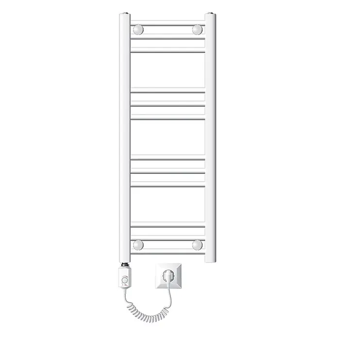 LuxeBath Elektro-Badheizkörper Handtuchwärmer Elektrisch Seitenanschluss mit Heizstab 300W gerade - B x H: 30 x 80 cm - Weißer elektrischer Handtuchwärmer mit vertikalem Leiterdesign, integriertem Thermostat und Spiralkabel mit Stecker.