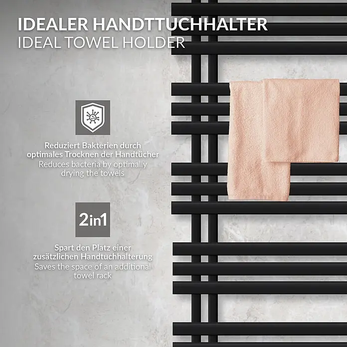LuxeBath Elektro-Badheizkörper Handtuchheizkörper Elektrisch mit Heizstab 600x1600 mm Schwarz 900W - B x H: 600 x 1.600 mm - Schwarzer, moderner Handtuchwärmer mit horizontalen Stangen, hält zwei hellrosa Handtücher. Zum optimalen Trocknen, um Bakterien zu reduzieren und Platz zu sparen.