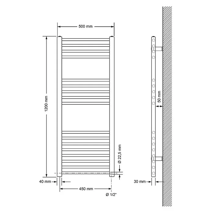LuxeBath Badheizkörper Design Handtuchheizkörper Handtuchwärmer Seitenanschluss gerade 410 W - Weiß - Technisches Zeichnung eines rechteckigen Handtuchheizkörpers mit Abmessungen.