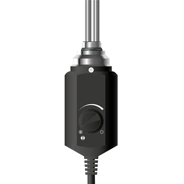 LuxeBath Elektro-Badheizkörper Design Handtuchheizkörper Handtuchwärmer Elektrisch mit Heizstab 600W - B x H: 60 x 120 mm - Schwarzes Elektro-Heizelement mit silbernem Metallkopf, integriertem Thermostat-Drehregler (Schneeflocke/Sonne) und schwarzem Netzkabel.