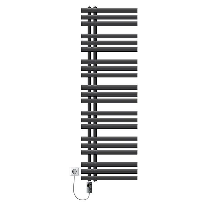 LuxeBath Elektro-Badheizkörper Handtuchheizkörper Elektrisch mit Heizstab 500x1600 mm Anthrazit 1200W -  - Dunkelgrauer elektrischer Handtuchheizkörper mit Querstreben, an Steckdose angeschlossen, mit digitalem Thermostat auf 28 Grad.