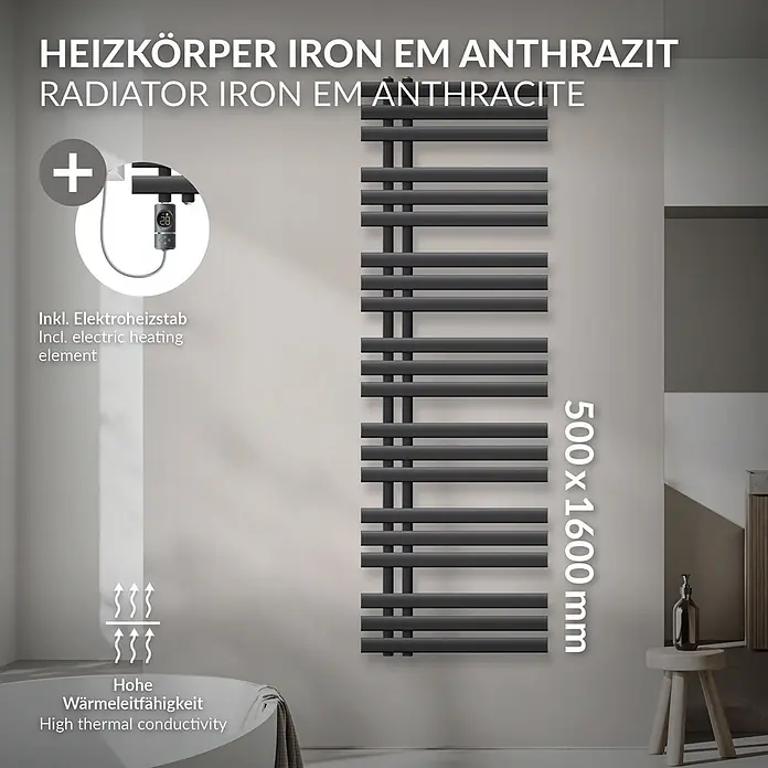 LuxeBath Elektro-Badheizkörper Handtuchheizkörper Elektrisch mit Heizstab 500x1600 mm Anthrazit 1200W -  - Anthrazitfarbener Eisenheizkörper (500x1600mm) im modernen Bad, mit Elektroheizstab für hohe Wärmeleitfähigkeit.
