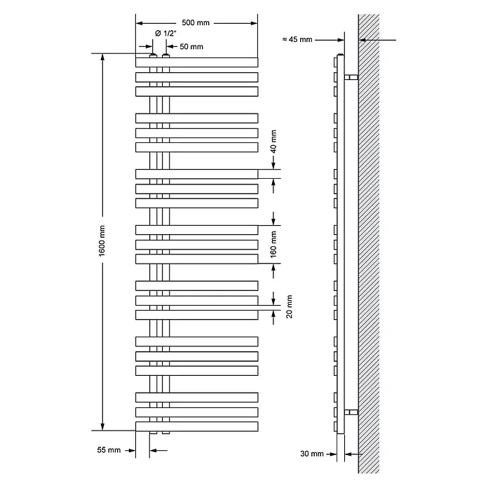 LuxeBath Elektro-Badheizkörper Handtuchheizkörper Elektrisch mit Heizstab 500x1600 mm Anthrazit 1200W -  - Technische Zeichnung: 1600x500mm Badheizkörper mit horizontalen Stangen, wandmontiert, und 1/2" Anschlüssen.