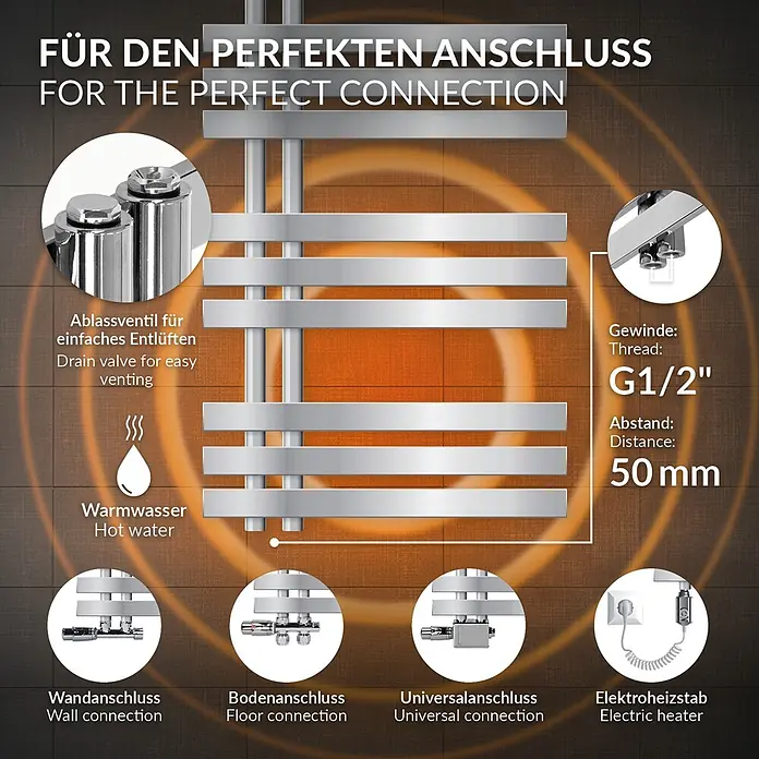 LuxeBath Elektro-Badheizkörper Handtuchheizkörper Elektrisch mit Heizstab 500x1000 mm Chrome 600W -  - Silberner Handtuchheizkörper: Anschlussoptionen (Wand, Boden, universal, Elektroheizstab), G1/2" Gewinde, 50mm Abstand, Ablassventil, Warmwasseranzeige.