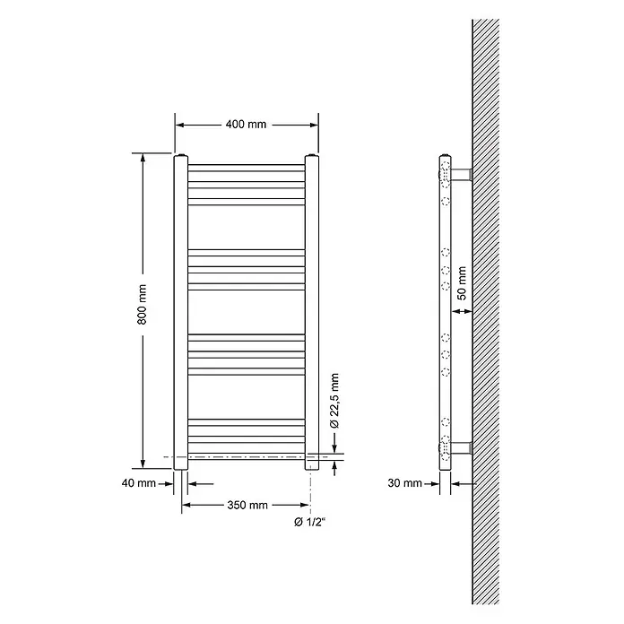 LuxeBath Elektro-Badheizkörper Handtuchwärmer Elektrisch Seitenanschluss mit Heizstab 300W gerade - B x H: 40 x 80 cm - Technische Zeichnung eines Badheizkörpers (800x400 mm) mit 350 mm Anschlussabstand und 30 mm Wandabstand.