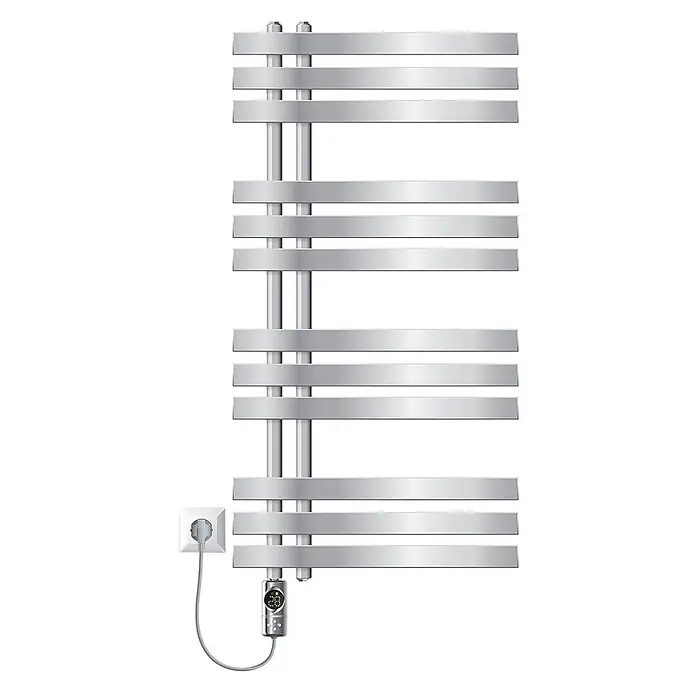 LuxeBath Elektro-Badheizkörper Handtuchheizkörper Elektrisch mit Heizstab 500x1000 mm Chrome 600W -  - Silberner elektrischer Handtuchwärmer mit Querstreben, an eine Steckdose angeschlossen und mit Digitalthermostat.