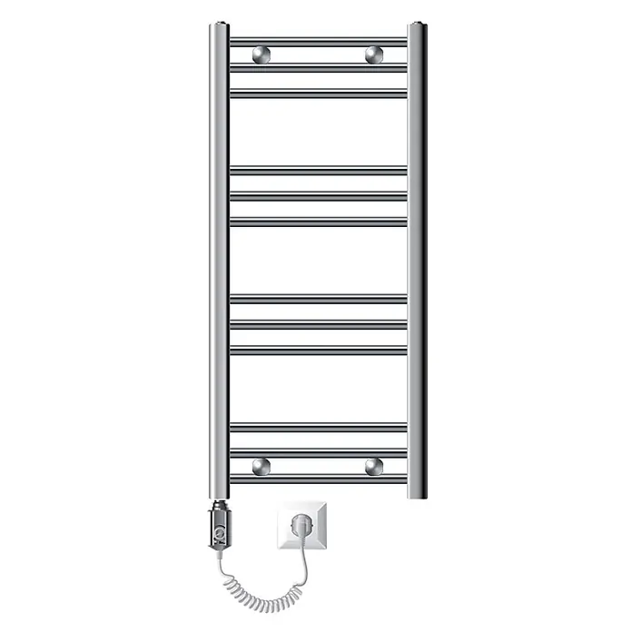 LuxeBath Elektro-Badheizkörper Handtuchwärmer Elektrisch Seitenanschluss mit Heizstab 600W gebogen - B x H: 40 x 80 cm - Elektrischer Handtuchwärmer aus Chrom mit mehreren horizontalen Stangen, vertikalen Seitenschienen und einem Spiralkabel mit Stecker.